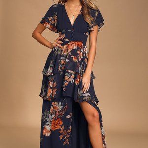 Lulus Midnight Mood Navy Blue Floral Print Tiered Maxi Dress